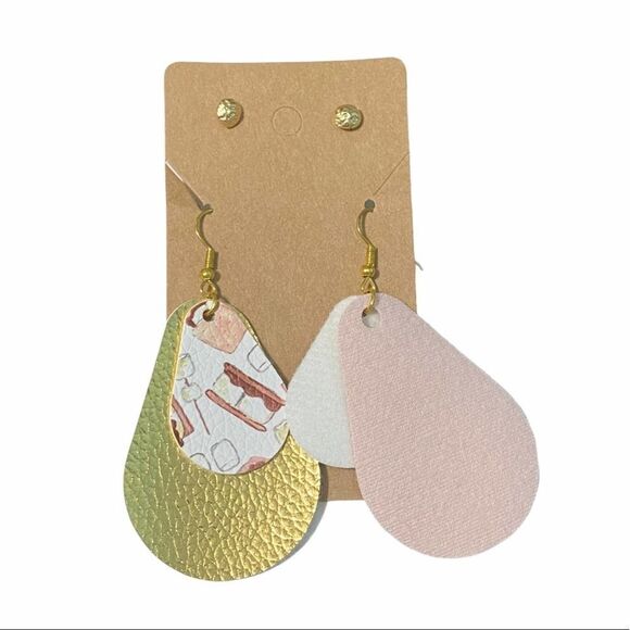 Statement Earrings Set S’mores Gold Dangle Slip On Earrings Round Gold Studs - Picture 3 of 5